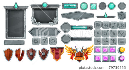 Stone UI game frame set, rock cracked vector button kit, victory badge, boulder sign board, shield Stone UI game frame set, rock cracked vector button kit, victory badge, boulder sign board, shield 79739333