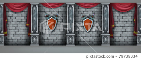 Ancient brick wall seamless background, vector stone castle interior, marble pillars medieval shield 79739334