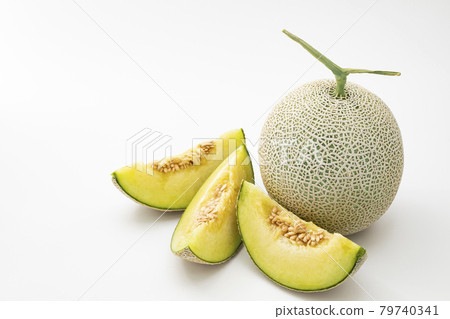Earl melon with calyx and cut white background Earl melon with calyx and cut white background 79740341