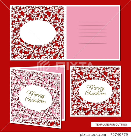 Christmas card with carved ornament. Background from snowflakes and text Merry Christmas. Template for congratulations, invitations to the winter party, New Year's holiday. Model for plotter laser cut 79740779