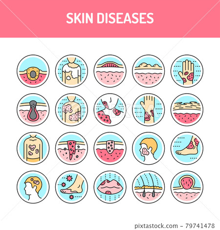 Skin Diseases Line Icons Set. Isolated Vector - Stock Illustration 