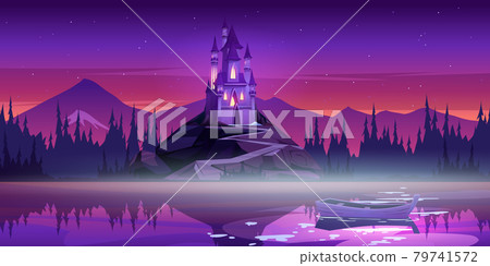 Magic castle on mountain top near river pier. Magic castle on mountain top near river pier. 79741572