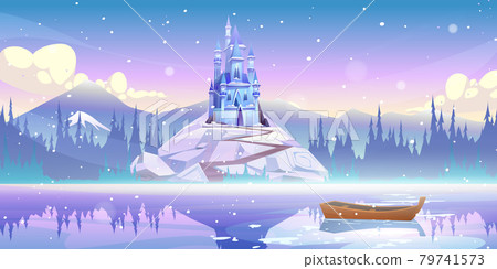 Magic castle on mountain top at river pier vector Magic castle on mountain top at river pier vector 79741573