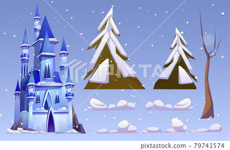 Magic castle and winter landscape elements Magic castle and winter landscape elements 79741574
