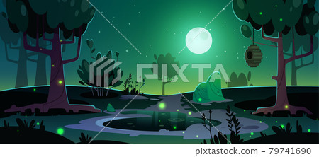 Summer landscape with trees, pond and beehive Summer landscape with trees, pond and beehive 79741690