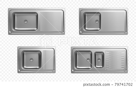 Realistic set of stainless kitchen sinks top view Realistic set of stainless kitchen sinks top view 79741702