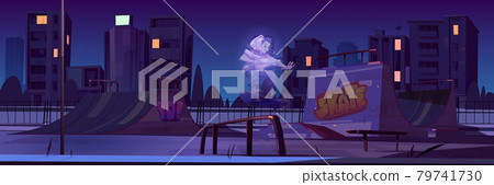 Skate park with ghost jump on skateboard at night 79741730