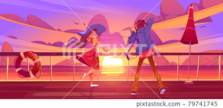 Woman and photographer on cruise liner deck sunset 79741745