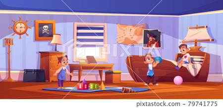 Kids in bedroom in pirate thematic with ship bed 79741775