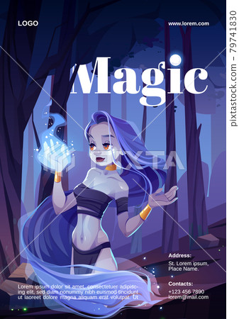 Cartoon poster with magic woman and wizard fire 79741830