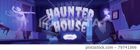 Banner of haunted house with ghosts illustration Banner of haunted house with ghosts illustration 79741866