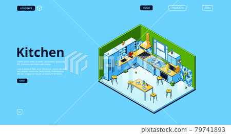 Home kitchen isometric landing, empty interior 79741893
