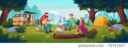 Summer camp with people sitting near bonfire 79741927