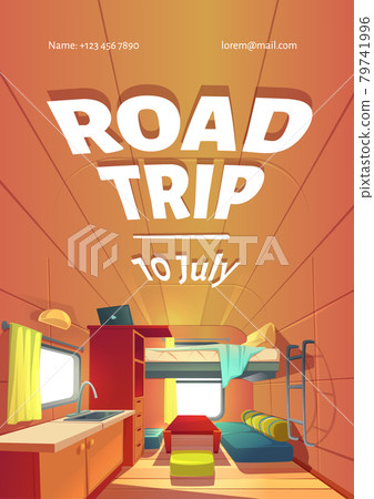 Road trip cartoon poster with camping trailer car Road trip cartoon poster with camping trailer car 79741996