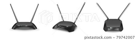 Wifi router front, top, angle and side view mockup Wifi router front, top, angle and side view mockup 79742007