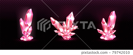 Crystal clusters with pink glowing light aura Crystal clusters with pink glowing light aura 79742010