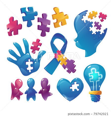 Autism awareness icons puzzle pieces, child head Autism awareness icons puzzle pieces, child head 79742021