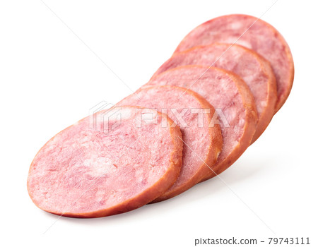 Sausage slices in a row on a white background. Isolated 79743111