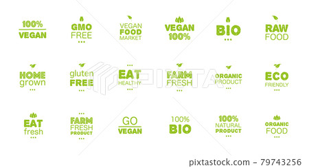 Mega set fresh healthy organic vegan food set grunge logo labels and tags the different design and green color. Vector hand drawn objects 79743256