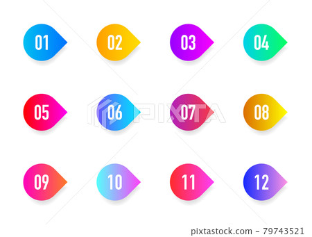 Collection arrows bullet point triangle flags isolated on white background. Colorful gradient markers. Number from 1 to 12. Vector 79743521