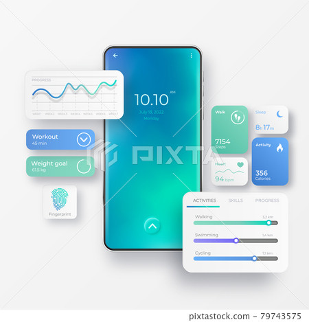 Realistic mobile phone with fitness app interface elements. Activity app. Fitness dashboards with charts, diagrams and web elements of workout application for mobile. Smartphone application screens 79743575
