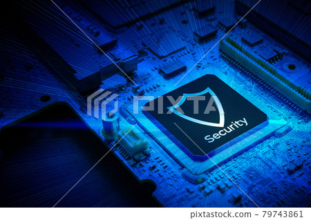 Data security. Digital computer processor chip on motherboard technology background. Network protect personal data and privacy from hacker cyberattack. 79743861