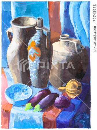 still life with ceramic jugs and eggplants on blue still life with ceramic jugs and eggplants on blue 79743928