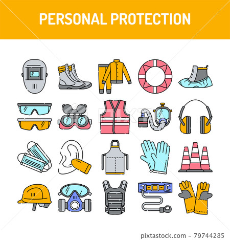 Personal protection line icons set. Isolated vector element. 79744285