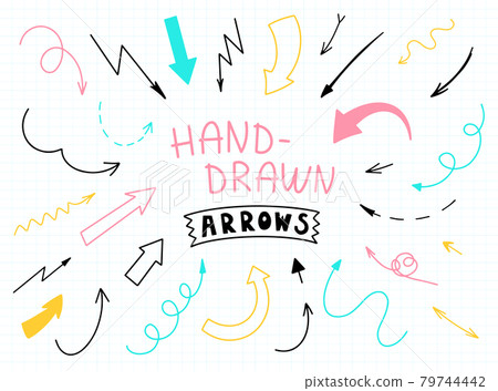 Hand drawn arrows. Vector arrows colorful set in doodle school style. Curved business pointer arrows collection. Girl set of arrows. 79744442