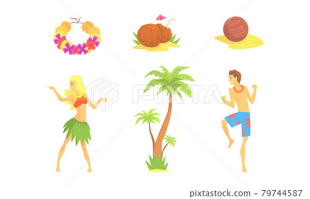 Hawaiian Party Objects Set, Symbols of Tropical Summer Holidays, Daning People, Cocktail, Palm Tree Cartoon Vector Illustration 79744587