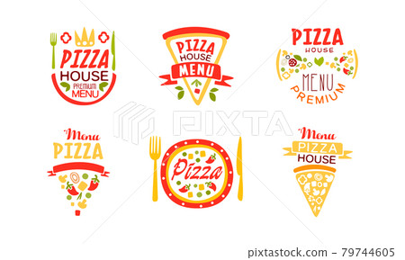 Pizza House Menu Logo Design Set, Pizzeria, Restaurant, Delivery Service Labels Cartoon Vector Illustration 79744605