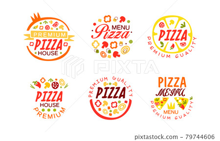 Pizza Menu Premium Logo Design Set, Pizza House, Restaurant, Delivery Service Labels Cartoon Vector Illustration 79744606