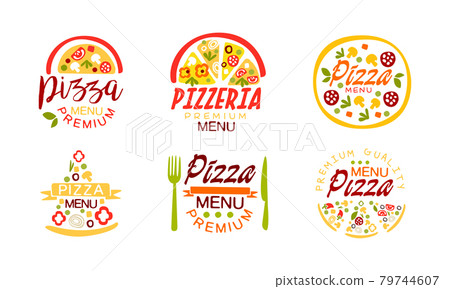 Pizza Menu Premium Logo Design Set, Pizzeria, Restaurant, Cafe, Delivery Service Labels Cartoon Vector Illustration 79744607