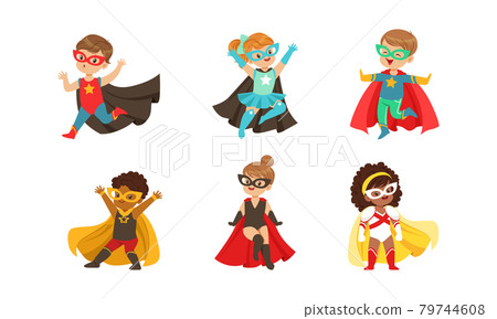 Kid Superheroes Set, Happy Little Boys and Girls Wearing Comics Costumes and Masks Having Fun Cartoon Vector Illustration 79744608
