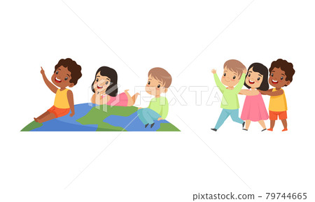 Happy Multicultural Kids Having Fun Together, Friendship, Unity, Earth Planet Protection Cartoon Vector Illustration 79744665