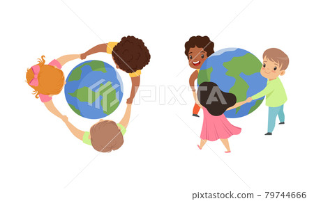 Cute Multicultural Kids Holding Hands together around the World, Friendship, Unity, Earth Planet Protection Cartoon Vector Illustration 79744666