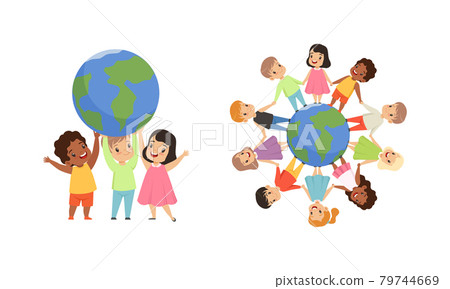 Friendship, Unity, Earth Planet Protection, Kids Holding Hands Standing the World Cartoon Vector Illustration 79744669