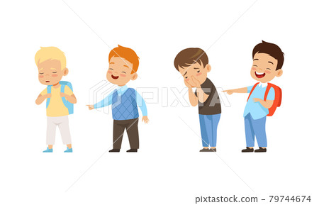 Aggressive Boys Mocking and Pointing at Classmates, Mockery and Bullying at School Cartoon Vector Illustration 79744674