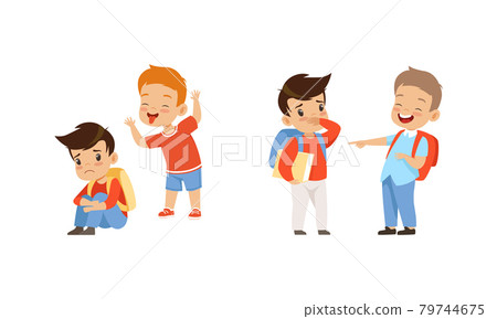 Bullying at School Concept, Aggressive Boys Mocking and Pointing at Classmates Cartoon Vector Illustration 79744675