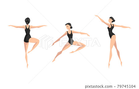 Girl Ballet Dancer Performing in Black Leotard Set, Beautiful Young Woman Ballet Dancer or Gymnast Character Cartoon Vector Illustration 79745104