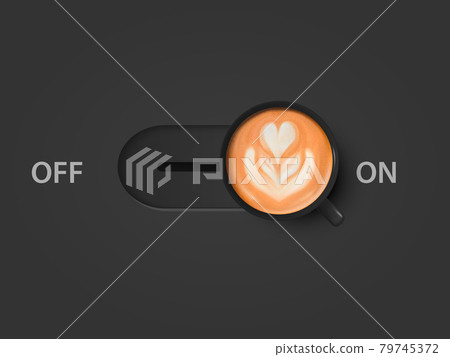 Coffee Power. Vector 3d Realistic Off, On Switch with Milk Foam Coffee in Black Mug. Capuccino, Latte. Concept Creative Banner. Design Template. Top View Coffee Power. Vector 3d Realistic Off, On Switch with Milk Foam Coffee in Black Mug. Capuccino, Latte. Concept Creative Banner. Design Template. Top View 79745372