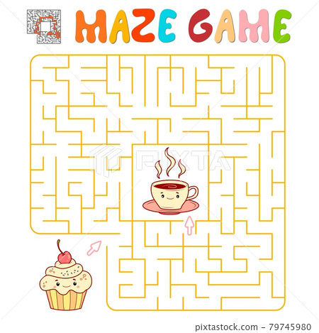 Maze puzzle game for children. Maze or labyrinth game with cake and tea. 79745980