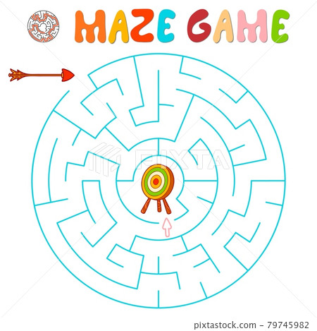 Maze puzzle game for children. Maze or labyrinth game with arrow and target. Maze puzzle game for children. Maze or labyrinth game with arrow and target. 79745982