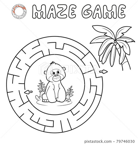 Maze puzzle game for children. Outline circle maze or labyrinth game with gorilla. Monkey and bananas Maze puzzle game for children. Outline circle maze or labyrinth game with gorilla. Monkey and bananas 79746030