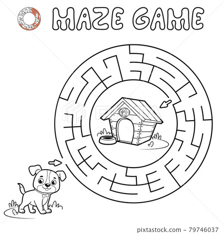 Maze puzzle game for children. Outline circle maze or labyrinth game with dog. 79746037