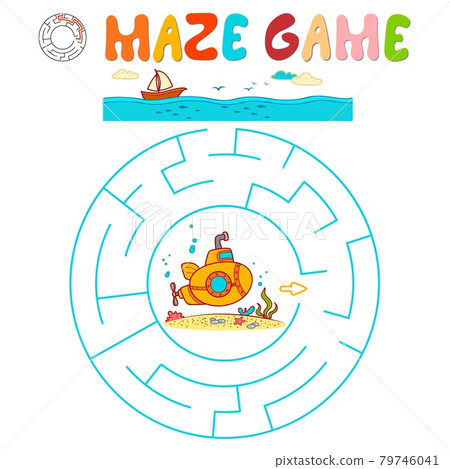 Maze puzzle game for children. Circle maze or labyrinth game with submarine. Maze puzzle game for children. Circle maze or labyrinth game with submarine. 79746041