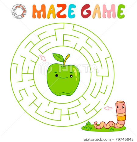 Maze puzzle game for children. Circle maze or labyrinth game with worm. Maze puzzle game for children. Circle maze or labyrinth game with worm. 79746042