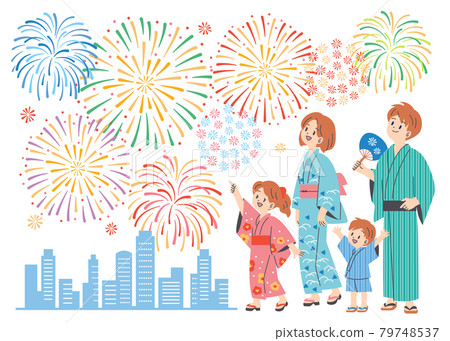 在白色背景下享受煙花的家庭 79748537