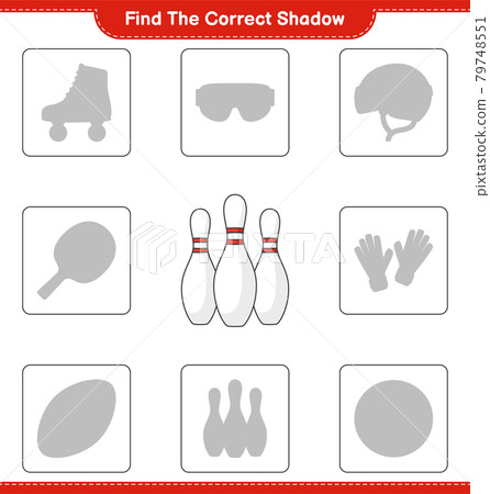 Find the correct shadow. Find and match the correct shadow of Bowling Pin. Educational children game, printable worksheet, vector illustration 79748551
