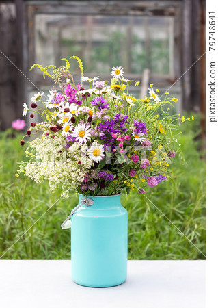 Bouquet of bright wild flowers in tin can vase on table outdoors, rural scene. Template for postcard. Concept Womens day, Mothers Day, Hello summer or Hello spring Bouquet of bright wild flowers in tin can vase on table outdoors, rural scene. Template for postcard. Concept Womens day, Mothers Day, Hello summer or Hello spring 79748641